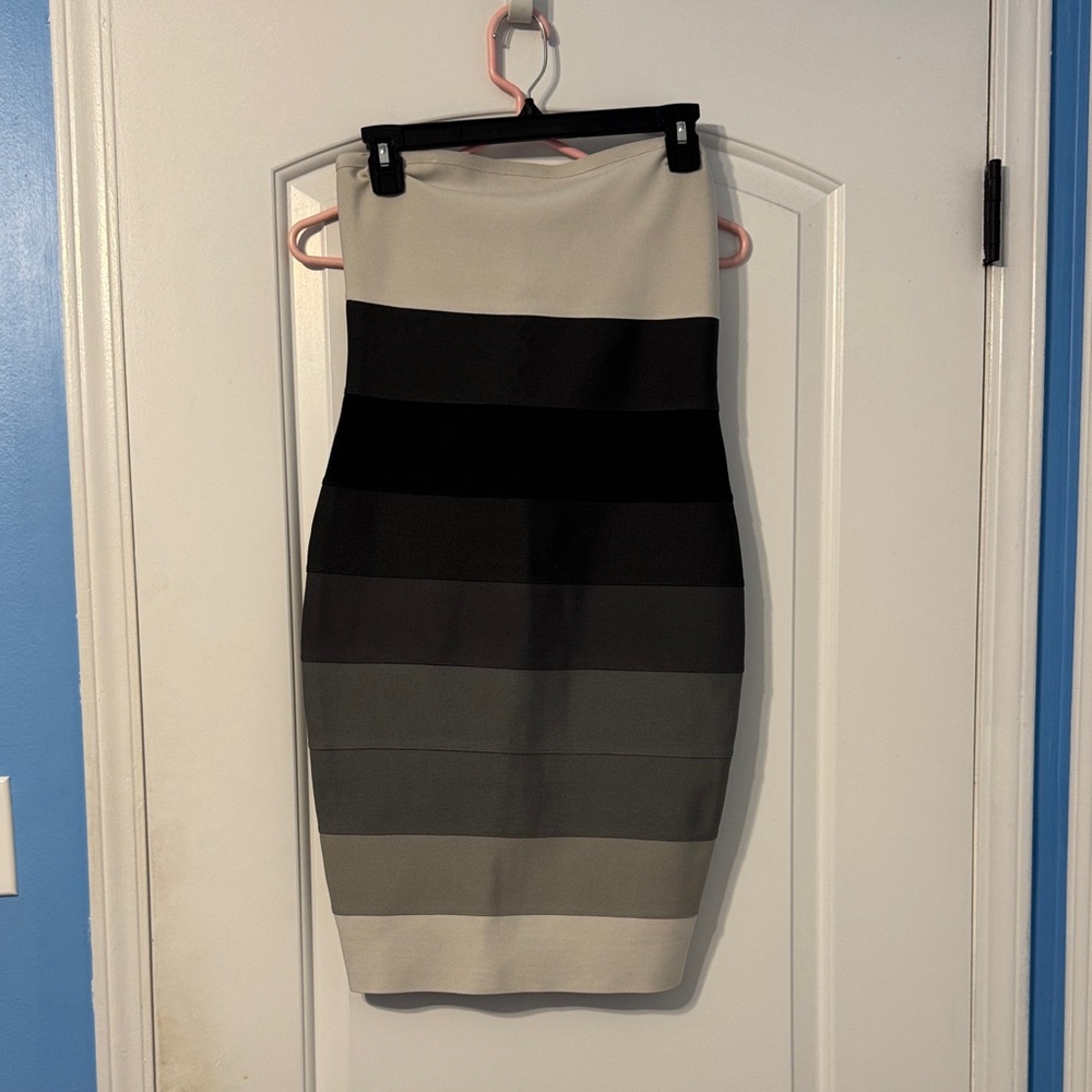 bebe Black and Gray Striped Pencil Dress